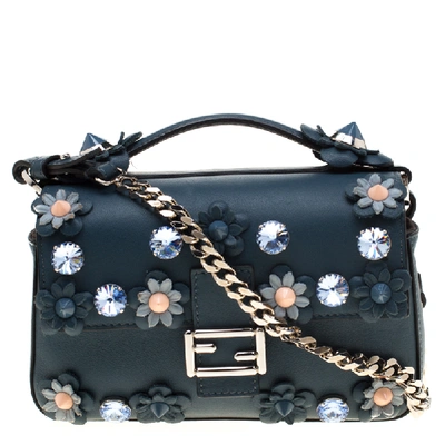 Pre-owned Fendi Blue Flowerland Leather Double Micro Baguette Bag