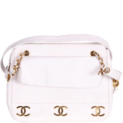 Pre-owned Chanel White Cavier Cc Logo Chain Shoulder Bag