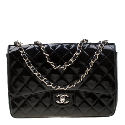 Pre-owned Chanel Black Quilted Patent Leather Jumbo Classic Single Flap Bag