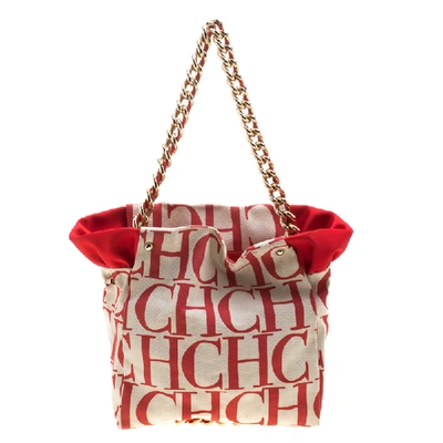 Pre-owned Carolina Herrera White/red Canvas Bucket Chain Shoulder Bag