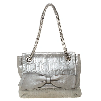 Pre-owned Carolina Herrera Silver Metallic Monogram Leather Audrey Shoulder Bag
