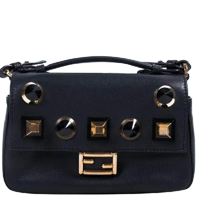Pre-owned Fendi Black Leather Studded Micro Double Baguette Bag