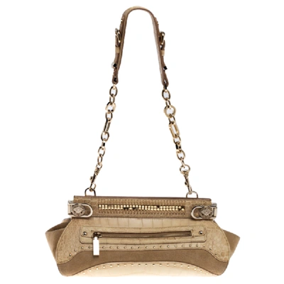 Pre-owned Versace Cream Crocodile Embossed Leather Studded Frame Shoulder Bag