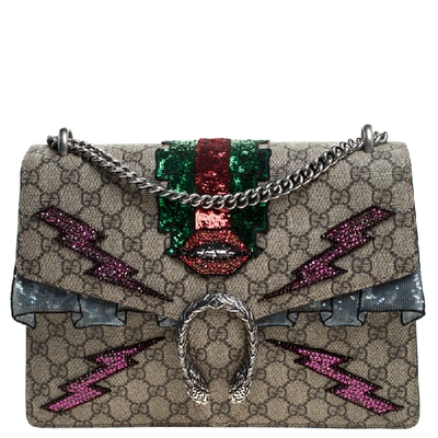 Pre-owned Gucci Beige Gg Supreme Canvas Medium Sequin/crystal Embellished Dionysus Shoulder Bag