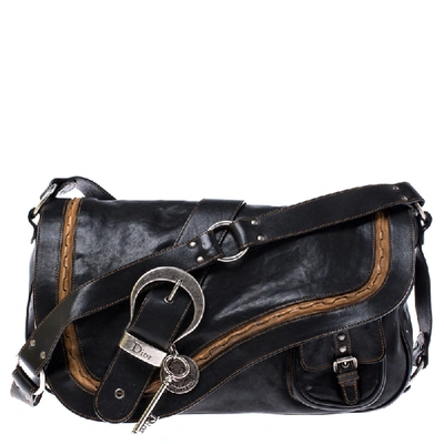 Pre-owned Dior Black/brown Leather Large Gaucho Double Saddle Shoulder Bag