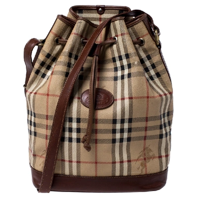 Pre-owned Burberry Beige/brown Haymarket Check Canvas And Leather Drawstring Bucket Bag