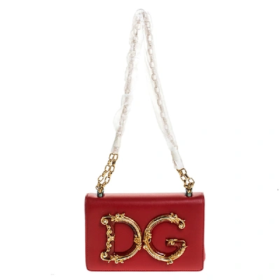 Pre-owned Dolce & Gabbana Red Leather Dg Girls Chain Shoulder Bag