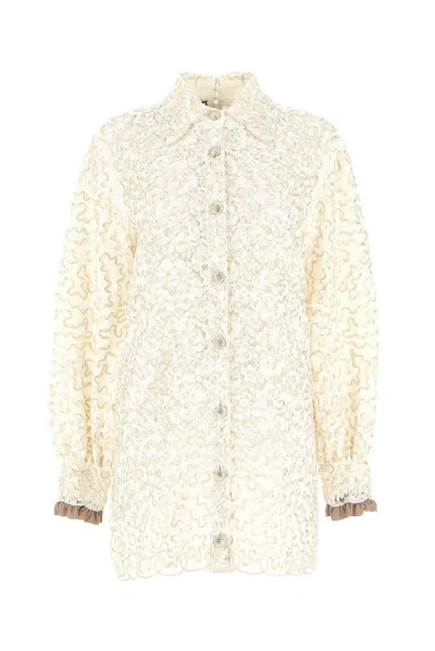 Gucci Lace Embellished Mini Shirt Dress In Bianco