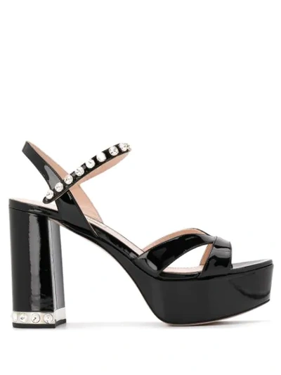 Miu Miu Crystal Strap Block Heel Platform Sandal In Black