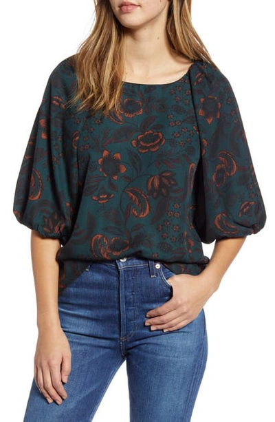 Bobeau Larisa Hammered Satin Blouse In Teal Floral