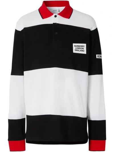 Burberry Long-sleeve Logo Appliqué Striped Cotton Polo Shirt In White