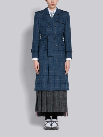 Thom Browne Windowpane Harris Tweed Trench Coat In Blue