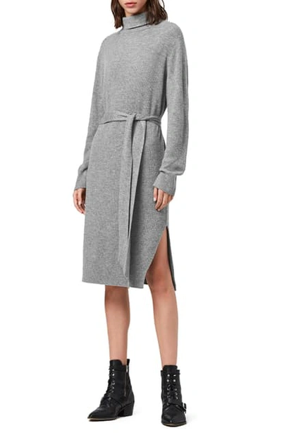 Allsaints Roza Long Sleeve Turtleneck Sweater Dress In Pale Grey