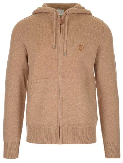 Burberry Embroidered Monogram Zipped Hoodie In Camel