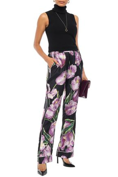 Dolce & Gabbana Floral-print Silk-satin Twill Wide-leg Trousers In Black