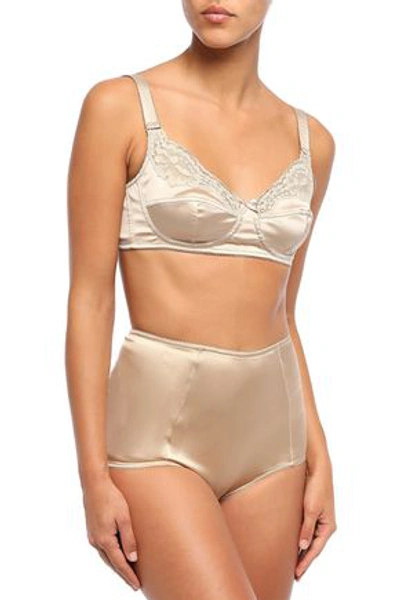 Dolce & Gabbana Woman Lace-trimmed Silk-blend Satin Underwired Bra Beige