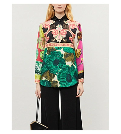 Etro Floral-patchwork-print Brushed Silk Shirt In Green