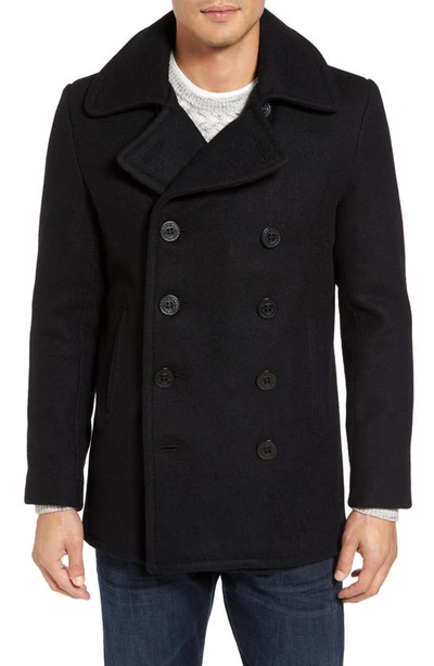 Schott Miusa Wool-blend Engraved-buttons Peacoat In Black