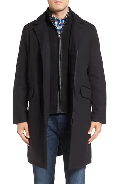 Cole Haan Wool Blend Overcoat With Knit Bib Inset In Black