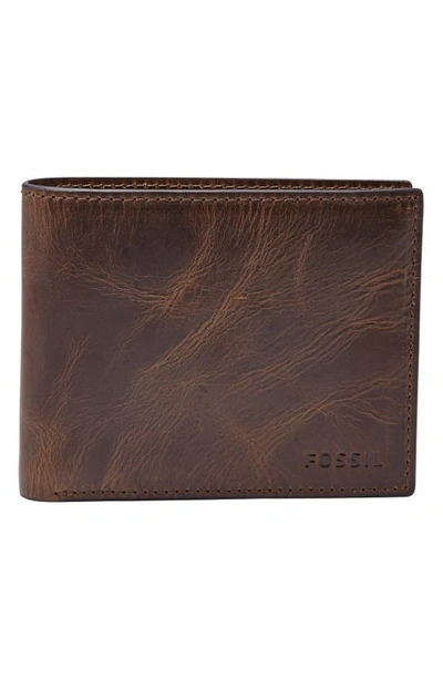 Fossil Men's Leather Wallet Derrick Rfid-blocking Bifold With Flip Id In Dark Brown