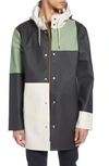 Stutterheim Patchwork Waterproof Hooded Raincoat In Light Sand/black/desert Green