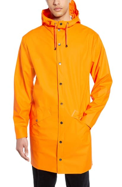 Rains Waterproof Hooded Long Rain Jacket In Fire Orange