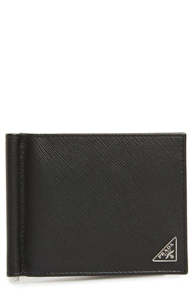Prada Saffiano Triangolo Wallet With Money Clip In Black