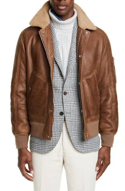 Brunello Cucinelli Genuine Shearling & Leather Aviator Jacket In Medium Brown