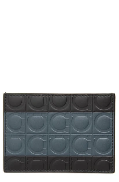 Ferragamo Gancio Embossed Leather Card Case In Black/ Grey