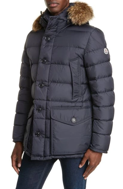 Moncler Cluny Down Parka With Genuine Fur Trim Hood In Navy