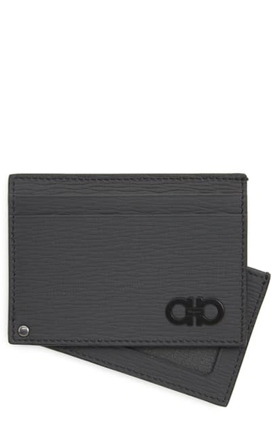Ferragamo Leather Card Case - Grey In Lead Grey