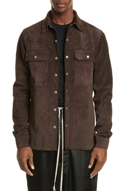 Rick Owens Giacca In Pelle Snap-up Suede Shirt In Brown