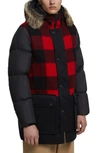 WOOLRICH BUFFALO CHECK HOODED DOWN PARKA WITH GENUINE SHEARLING TRIM,WO0081