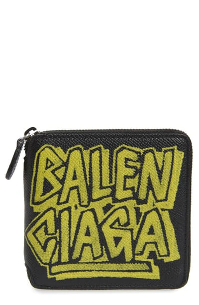 Balenciaga Ville Square Zip Leather Wallet In Black Fluo Yellow