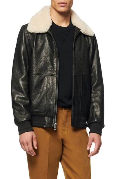 Andrew Marc Cuthbert Leather Bomber Jacket With Removable Genuine Shearling Collar In Black