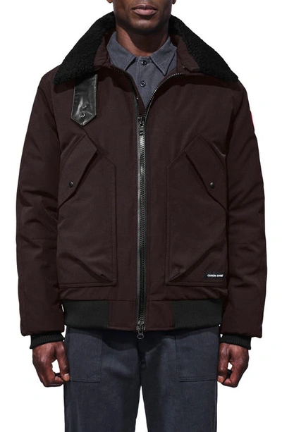 Canada Goose Bromley Slim Fit Down Bomber Jacket With Genuine Shearling Collar In Charred Wood