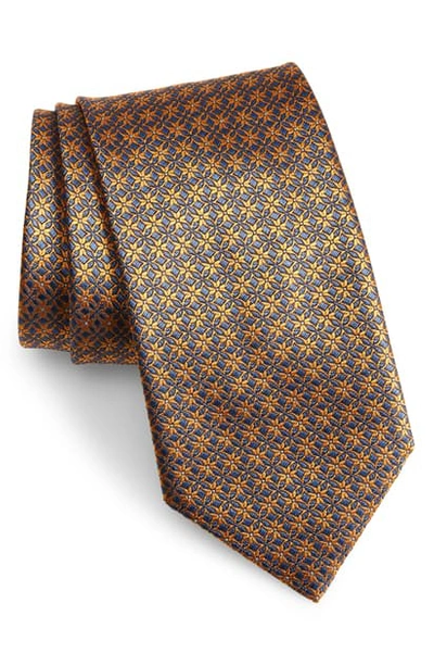 Brioni Geometric Floral Silk Tie In Orange Navy