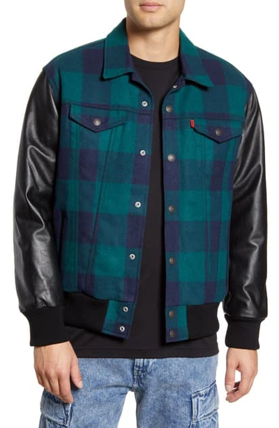 Levi's X Justin Timberlake Varsity Leather & Wool Trucker Jacket In Black/ Plaid
