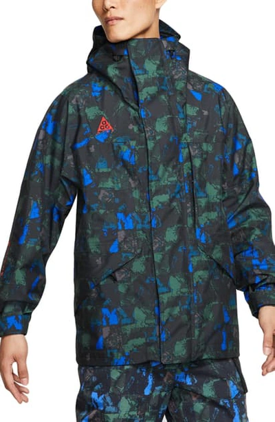 Nike Acg Gore-tex Men's Allover Print Jacket In Racer Blue/ Habanero Red