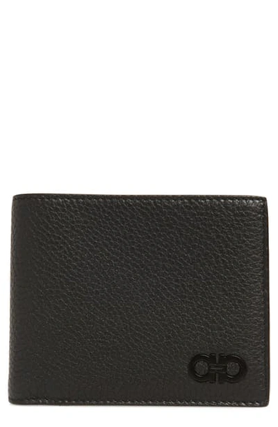 Ferragamo Dark Grey Gancini Wallet In Texture Leather In Black