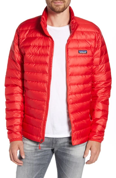 Patagonia Quilted Dwr-coated Ripstop Hooded Down Jacket In Fire/ Fire