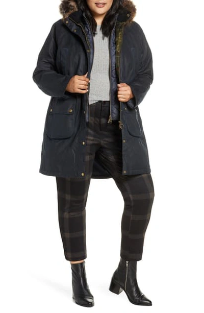 Barbour Thrunton Waxed Cotton Jacket With Faux Fur Trim In Navy/ Classic |  ModeSens