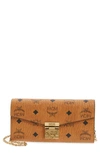 Mcm Large Patricia Visetos Canvas Wallet On A Chain In Cognac