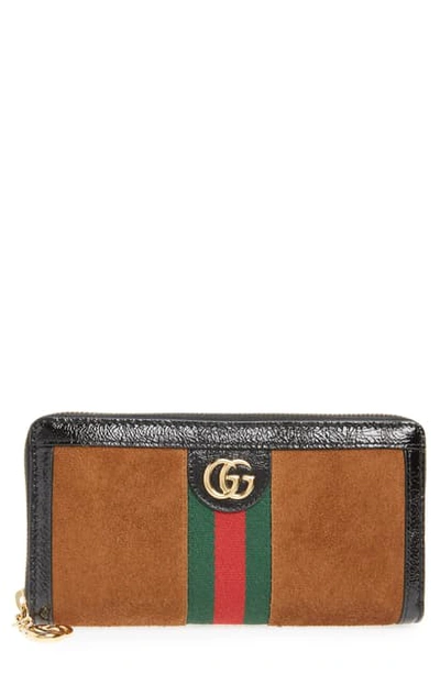 Gucci Ophidia Suede Zip-around Wallet In Nocciola/ Nero/ Vert Red Vert