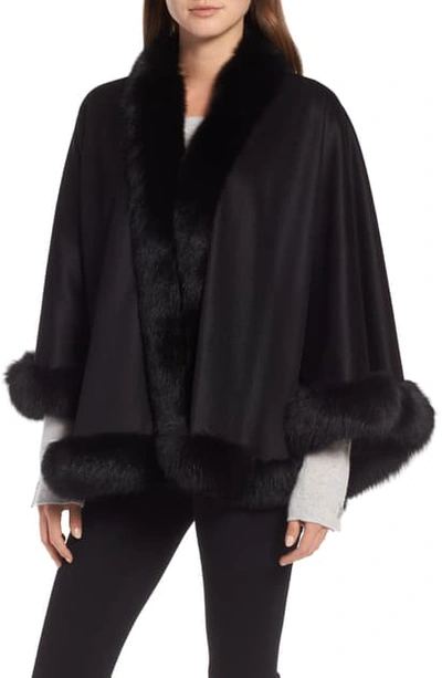 Sofia Cashmere Petite Genuine Fox Fur Trim Cashmere Cape In Black