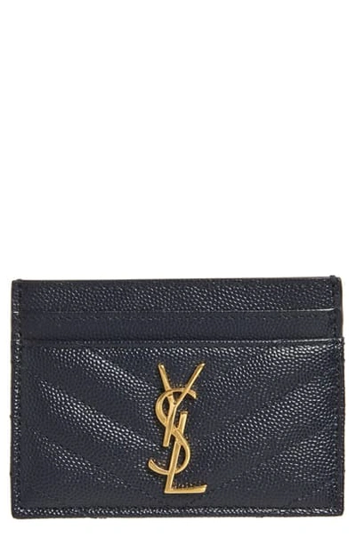 Saint Laurent Monogram Quilted Leather Credit Card Case In Sapphire