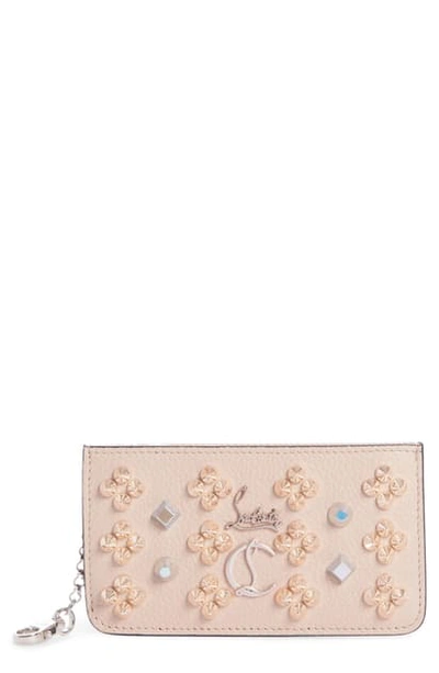 Christian Louboutin Credilou Calfskin Leather Zip Card Case - Beige In Baby Pink