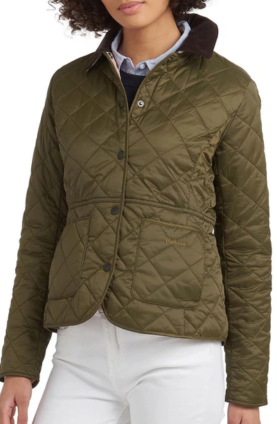 Barbour Deveron Diamond Quilted Jacket In Olive/ Pale Pink