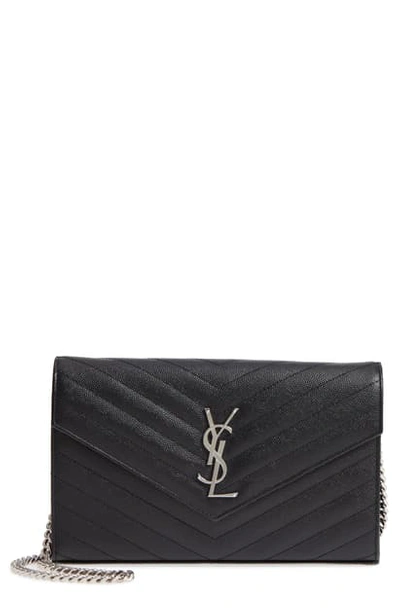 Saint Laurent Cassandre Matelassé Leather Wallet On A Chain In Noir