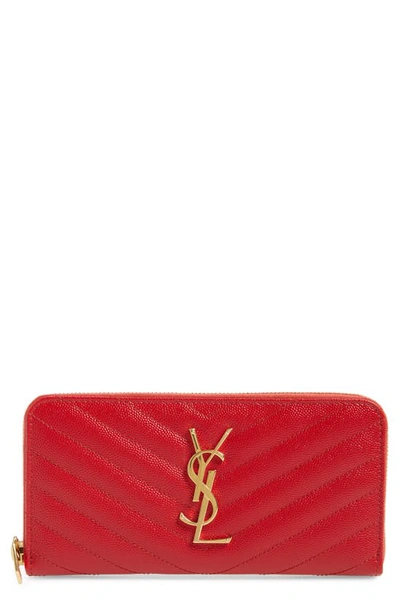 Saint Laurent Ysl Monogram Grain De Poudre Zip-around Wallet In Medium Red